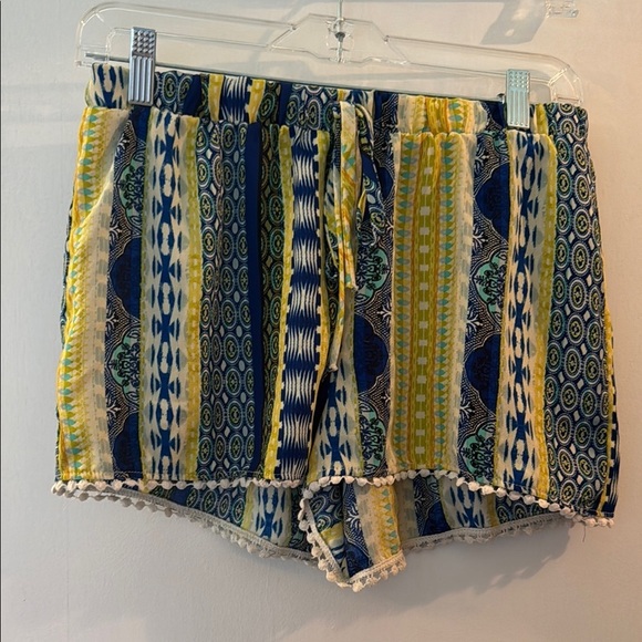About A Girl High Waist Blue and Yellow Striped Shorts - Picture 1 of 4